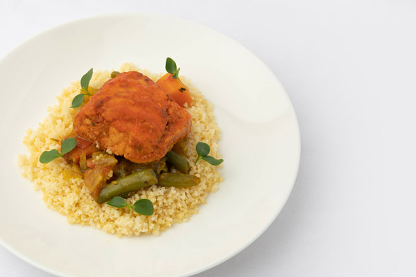 Harissa baked hammour - couscous and zucchini tagine