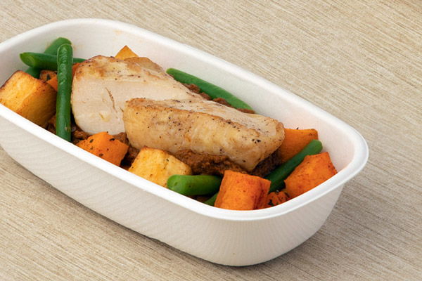 Roast chicken breast - Butternut squash, green beans potatoes, red capsicum sauce
