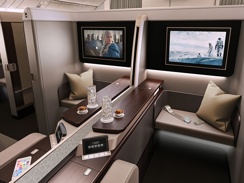 A Suite experience with a 82” Length | Buddy Seat For Face to Face Dining | Large 24” x 24.5” Bi-Fold Table | Touch Screen Seat controller | Touch Screen In-Flight Entertainment controller