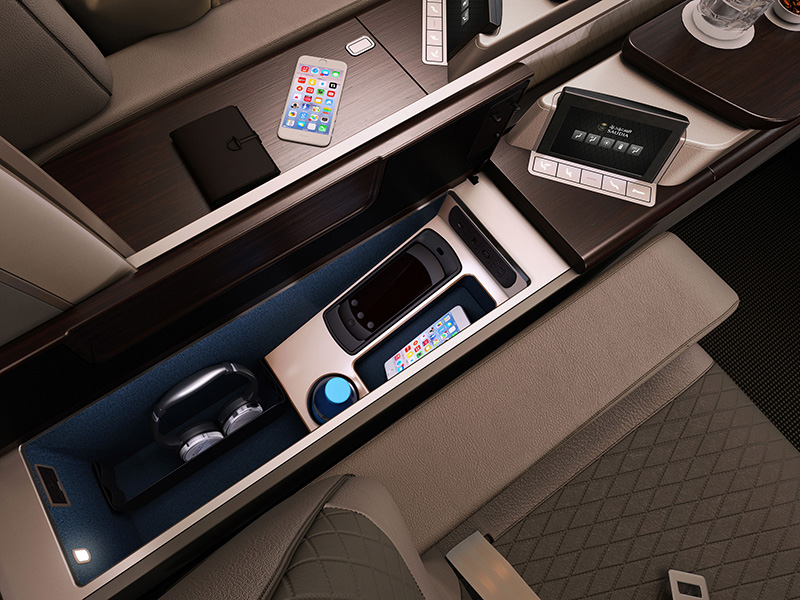 Two PC Power Sockets and USB Ports | Headphone Storage | Water Bottle Storage | Storage Space For a Tablet & Personal Items